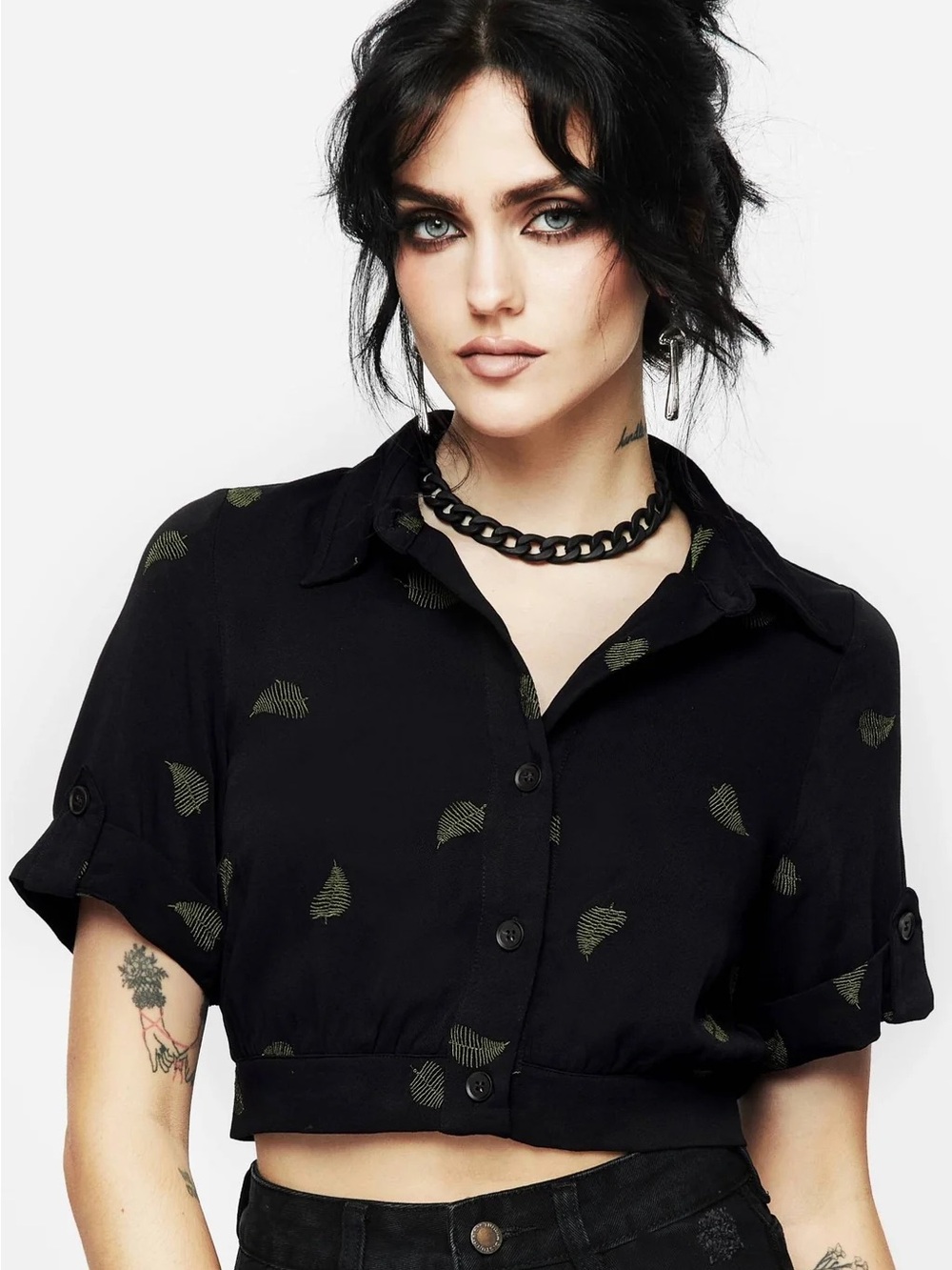 Disturbia Black Cropped Button-Front Top with Olive Leaf Print